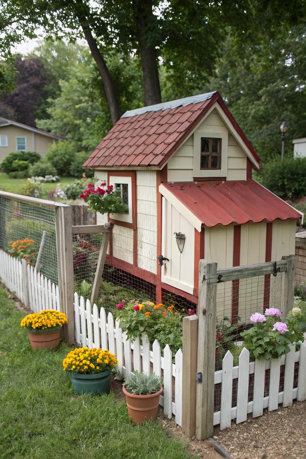 A charming cottage-style quail coop with delightful details.