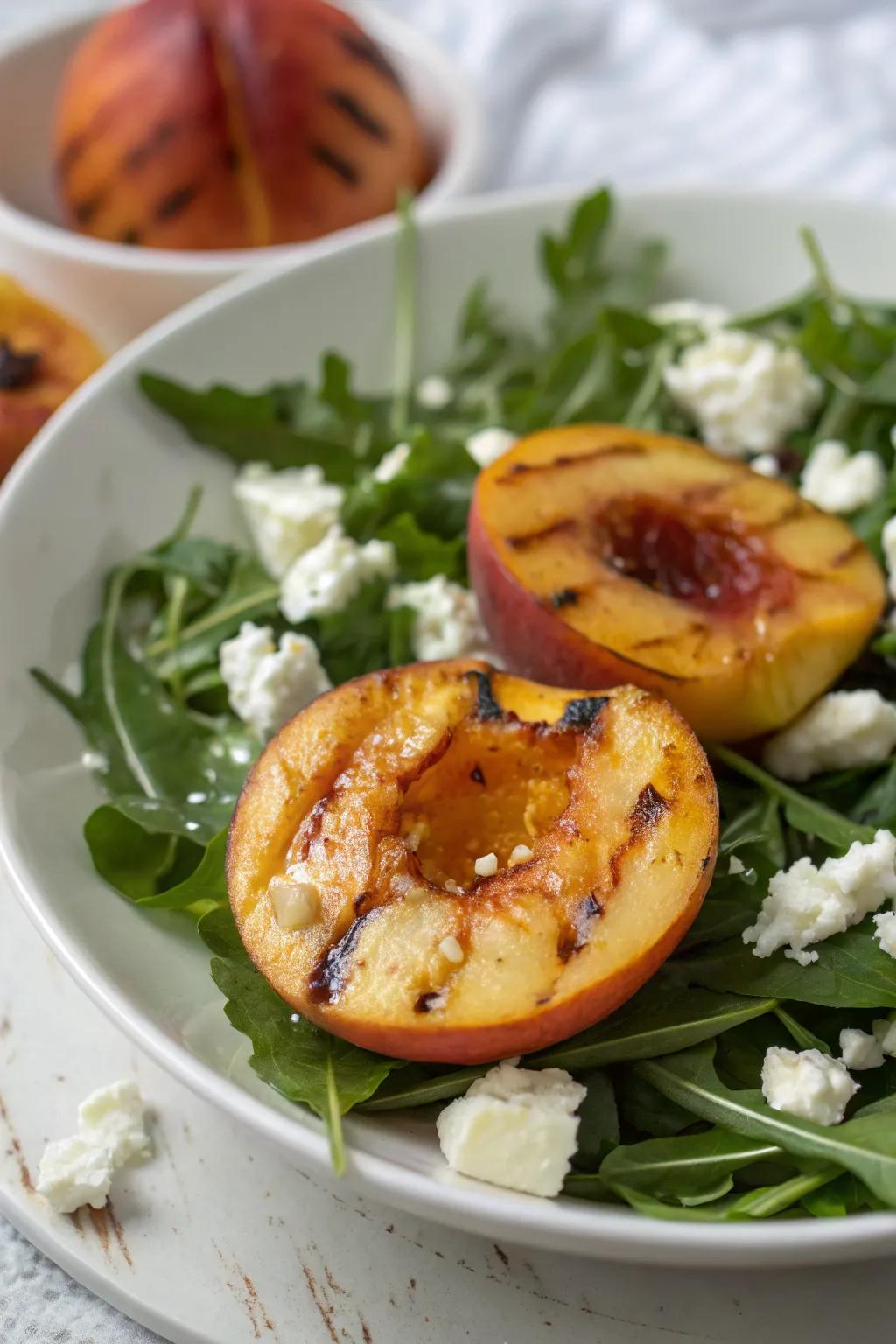 Refreshing grilled peach and arugula salad.