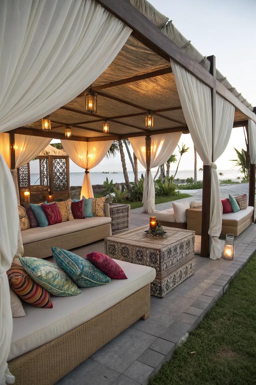 A covered lounge area that offers comfort and protection from the elements.