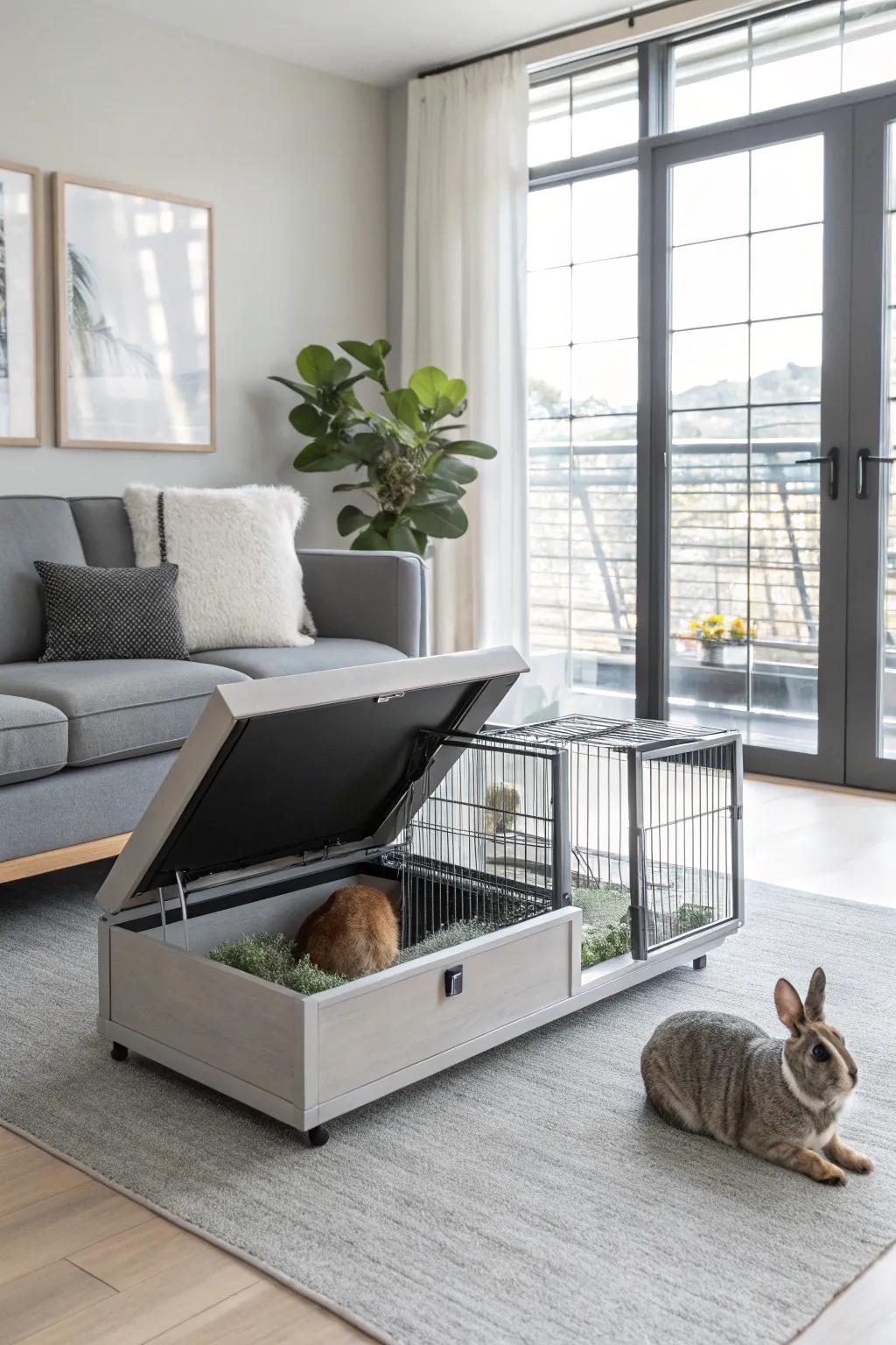 Convertible furniture that doubles as a rabbit habitat.