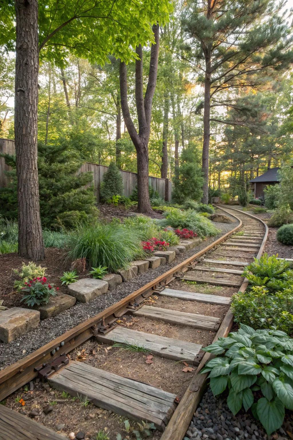 Escape to a woodland garden retreat with railroad ties.