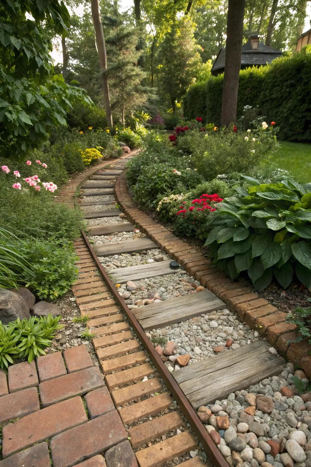 Mixed materials with railroad ties for a unique path.