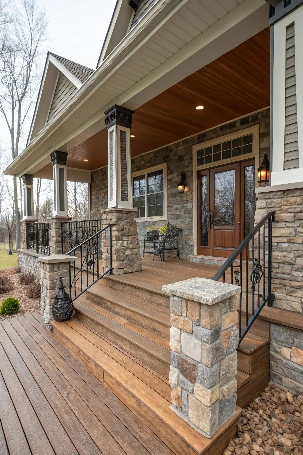 A stylish mix of textures on a raised front porch.
