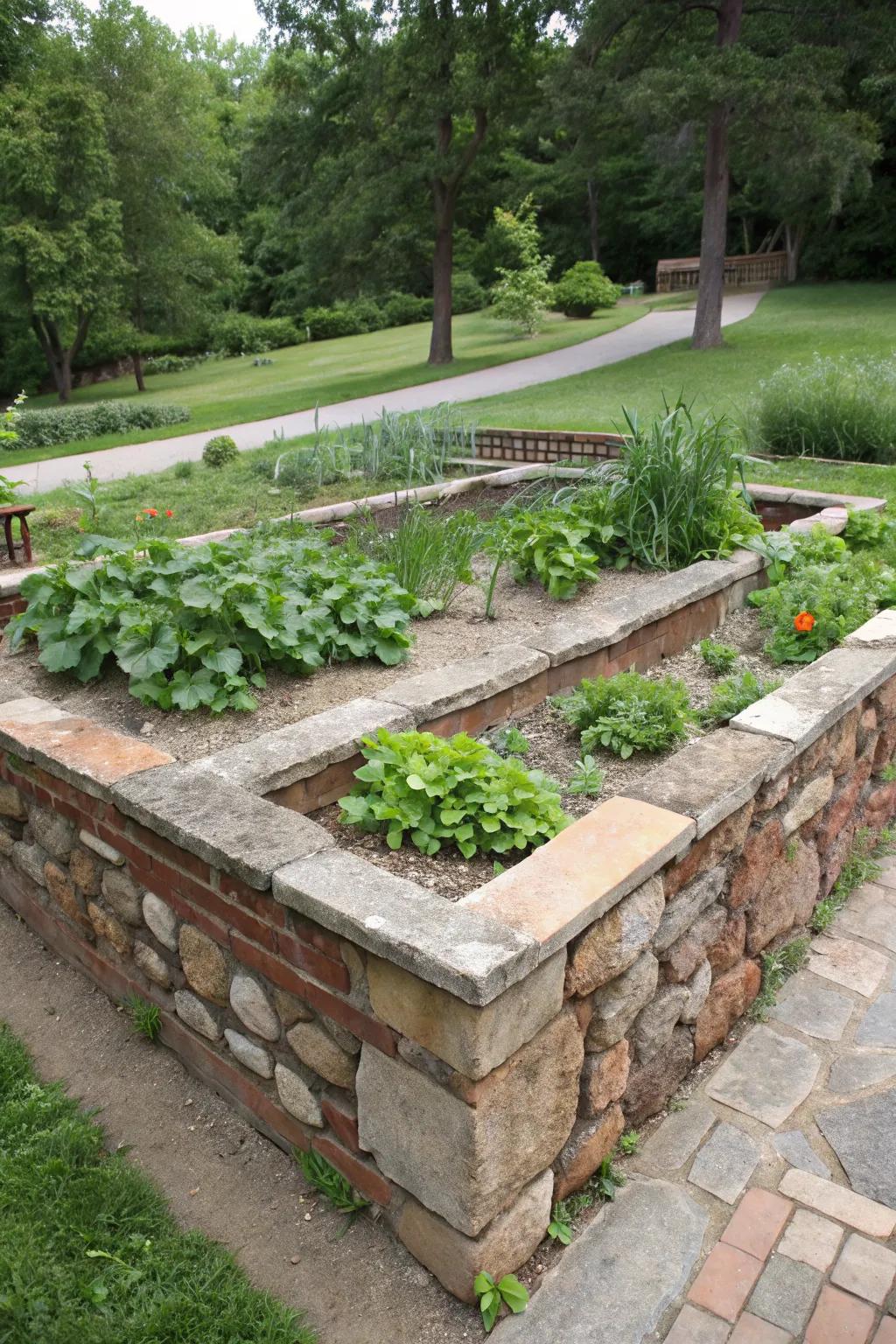 Stone and brick beds bring timeless elegance to garden designs.