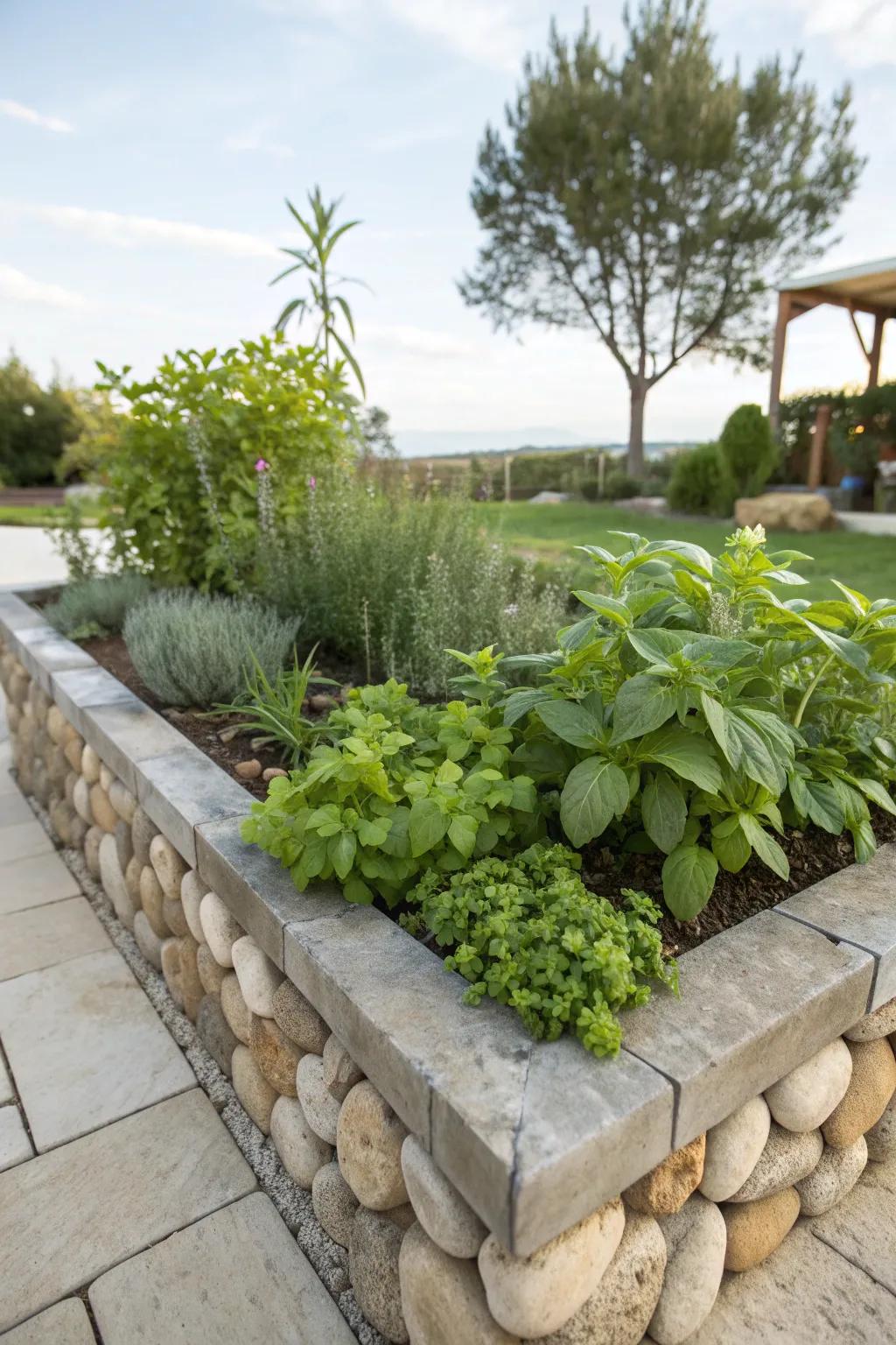 Stone-edged herb beds bringing a rustic charm.