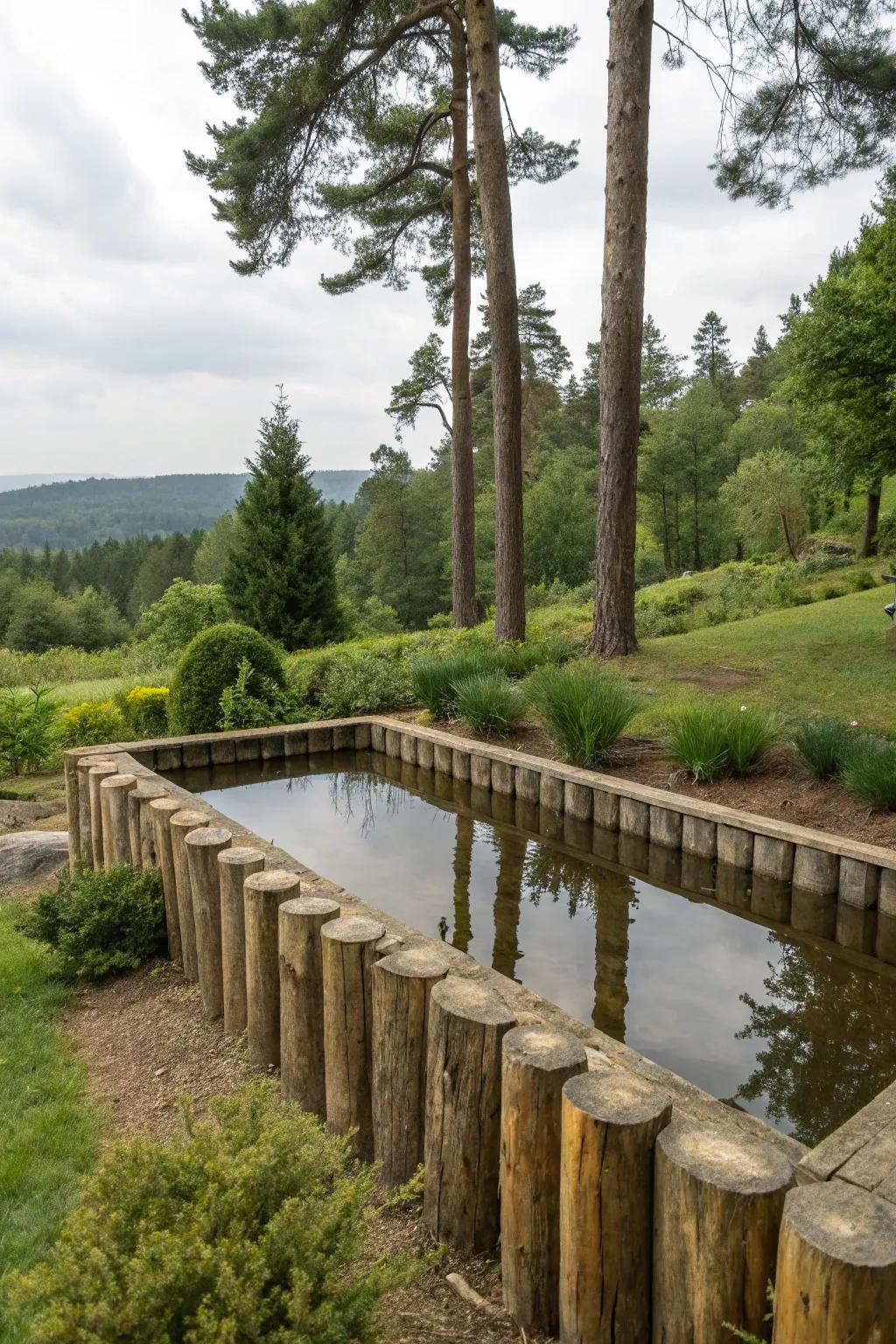 Wooden logs provide a rustic, cabin-like edge to this raised pond.