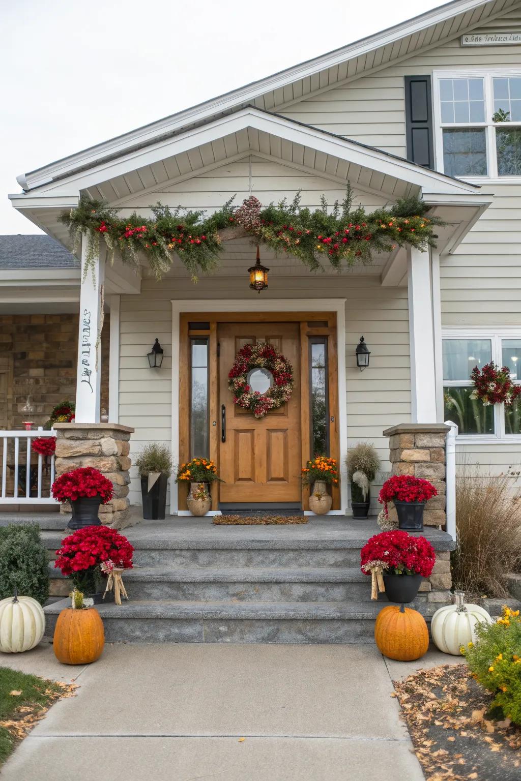 A raised ranch entrance adorned with seasonal decor elements.