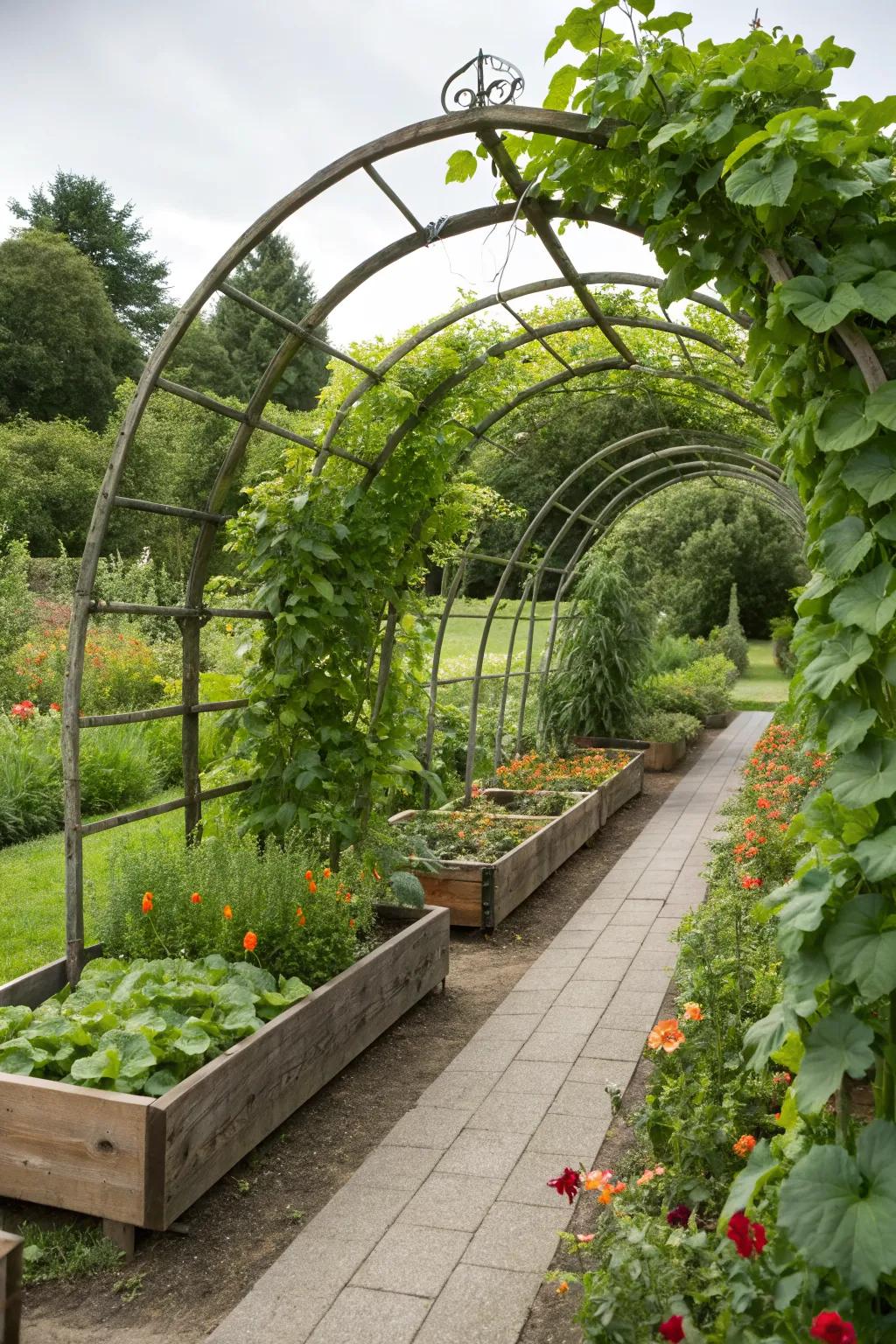 Arching trellises over raised garden beds creating a picturesque effect.