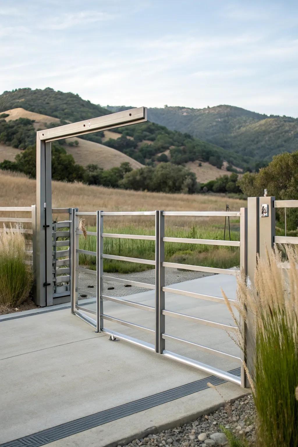 A minimalist metal gate providing a sleek, modern touch to a ranch driveway.