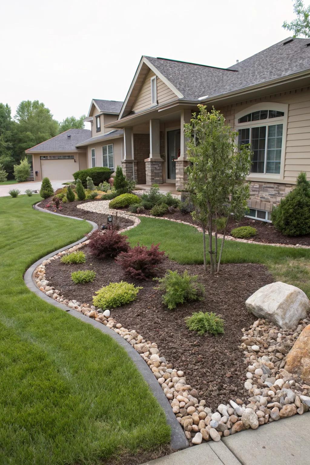 Mulch and stone create neat and polished garden borders.