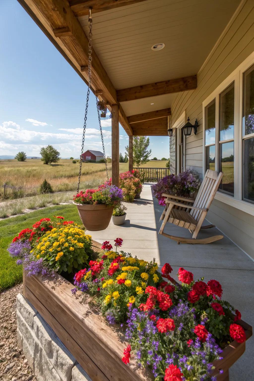 Built-in planters add color and life to this ranch porch.