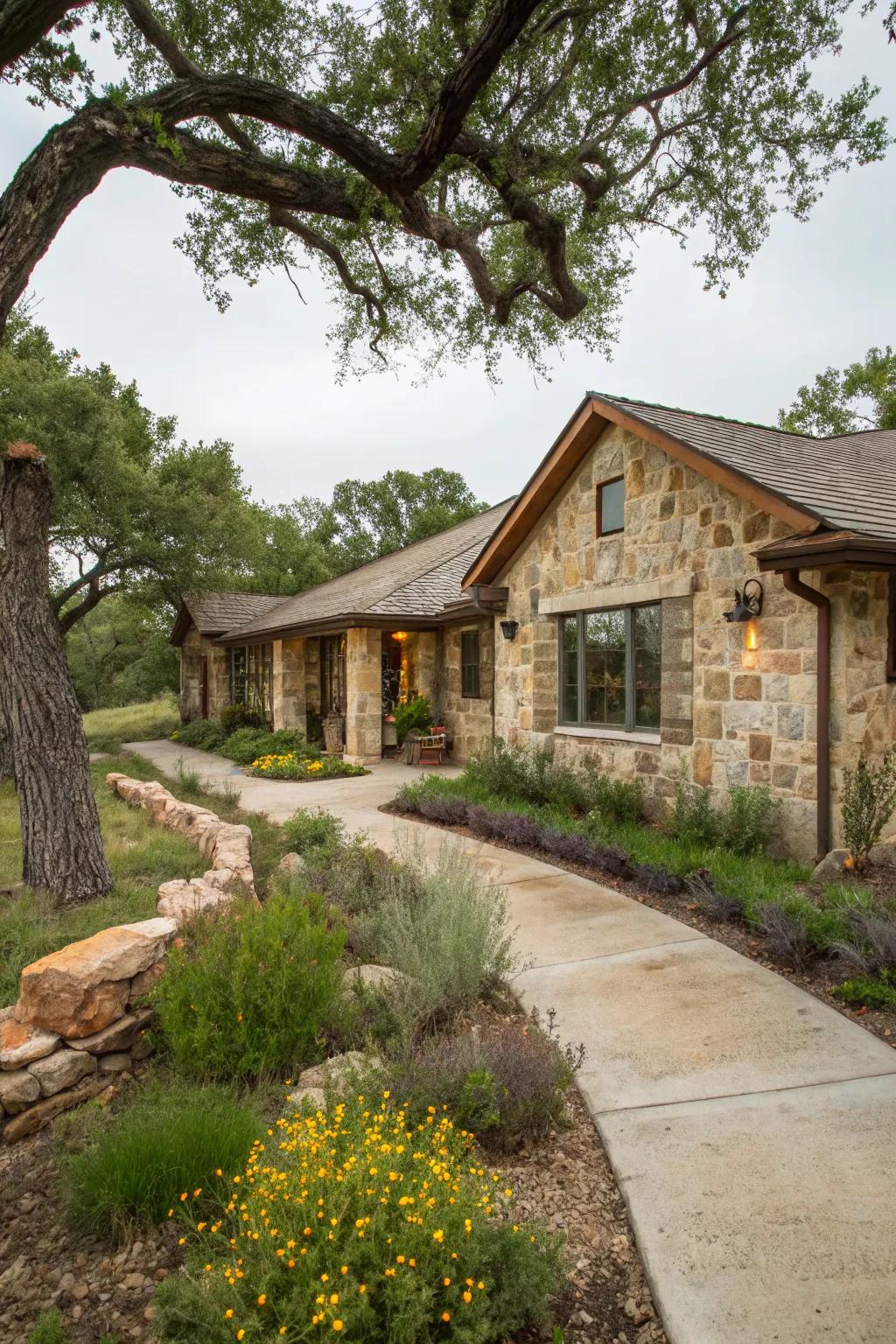 Stone veneer siding offers a rustic, natural texture.