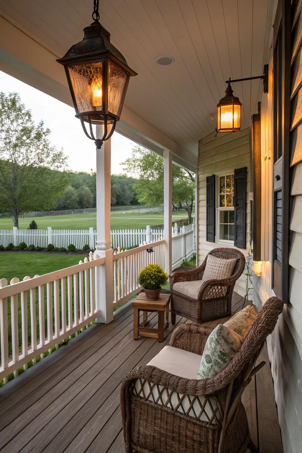 A classic lantern adds an inviting glow to this ranch porch.