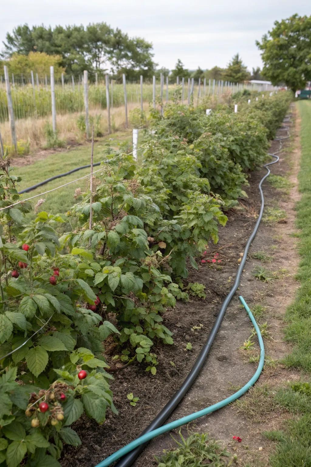 Efficient watering with a soaker hose system ensures healthy raspberry plants.