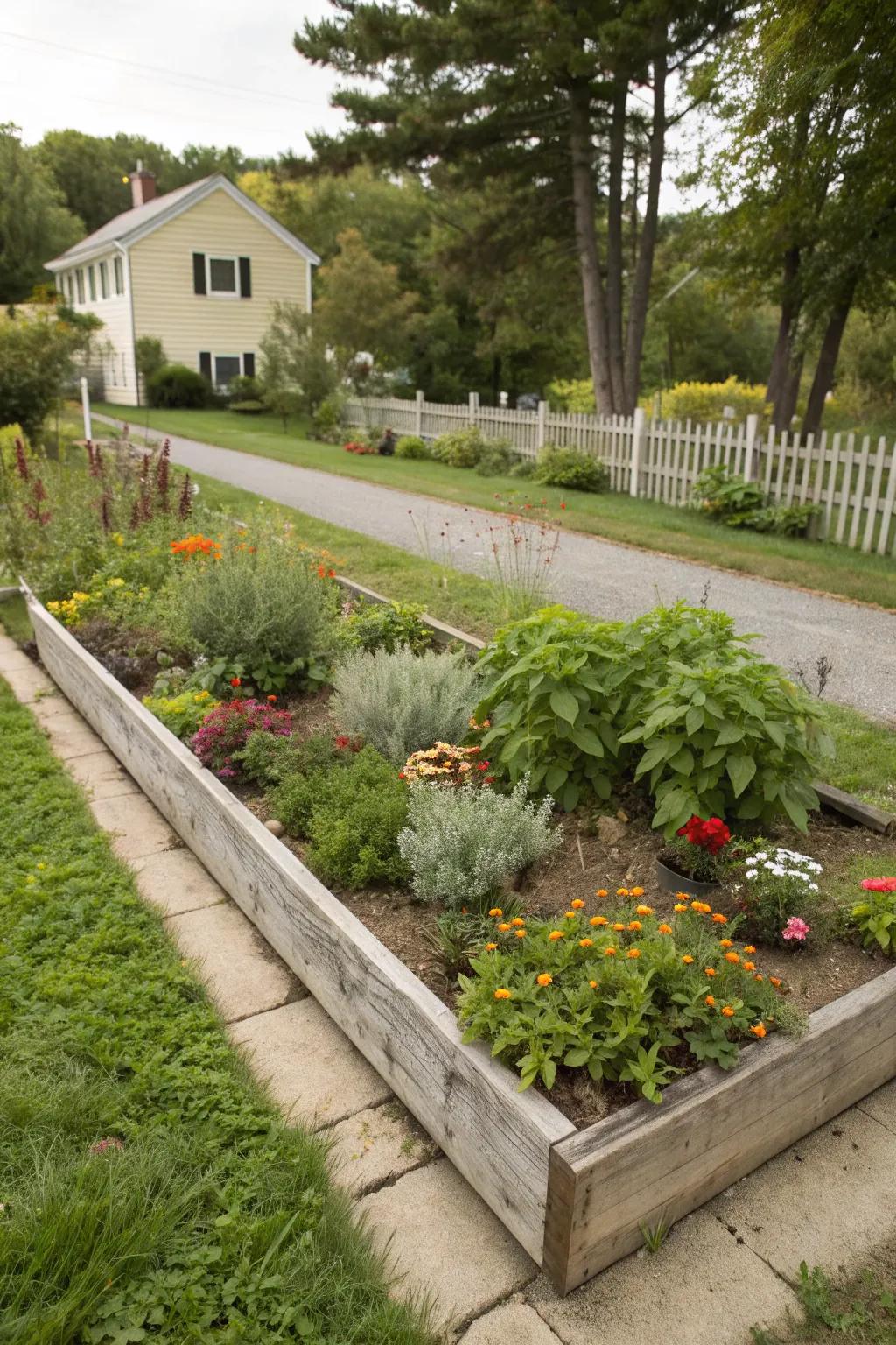 A fusion of herbs and flowers in a rectangular bed, blending beauty with functionality.