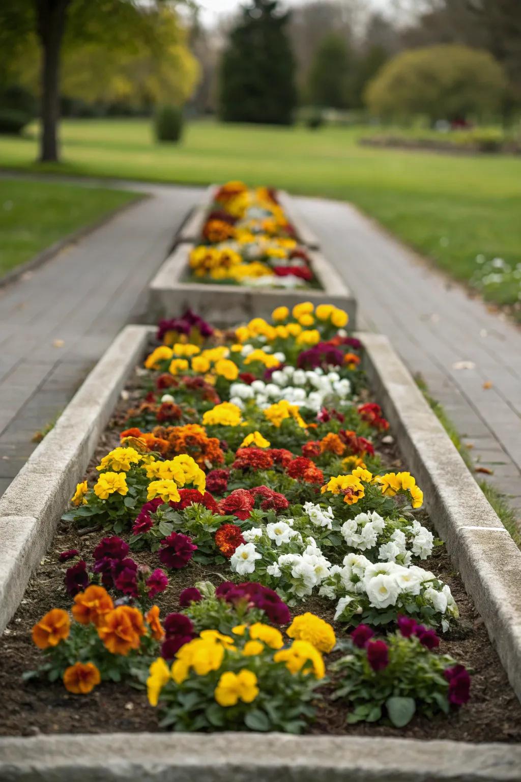 A serene symmetrical flower bed offering balance and beauty.