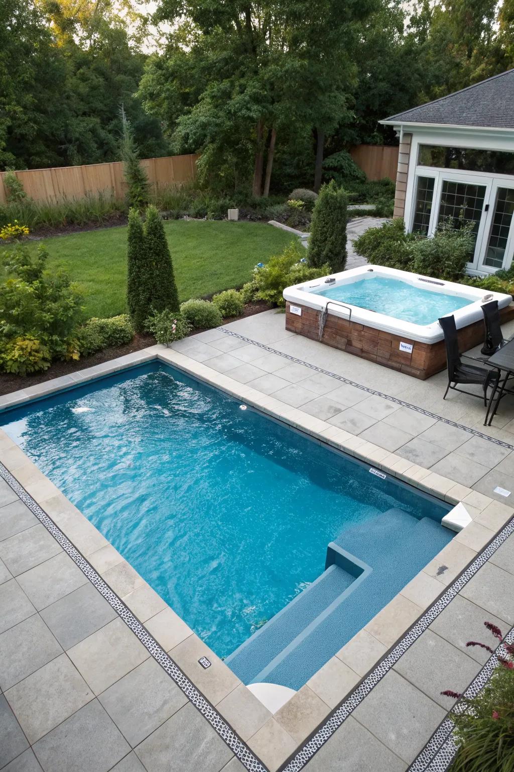 A rectangular pool complemented by an adjacent hot tub
