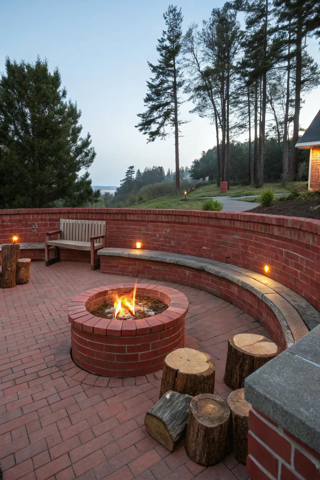 A warm and inviting fire pit enclosed by red bricks.