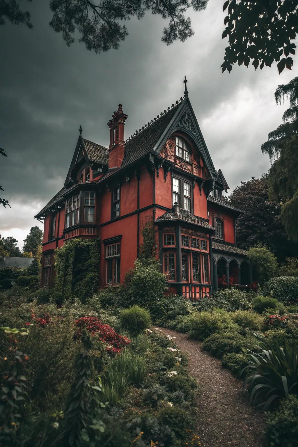 Gothic allure with a dramatic red and black exterior.