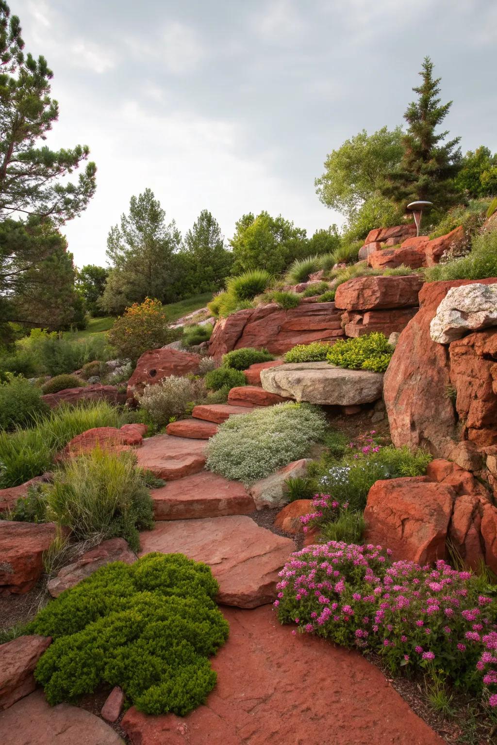 A rockery with red rocks offers a unique, natural aesthetic.