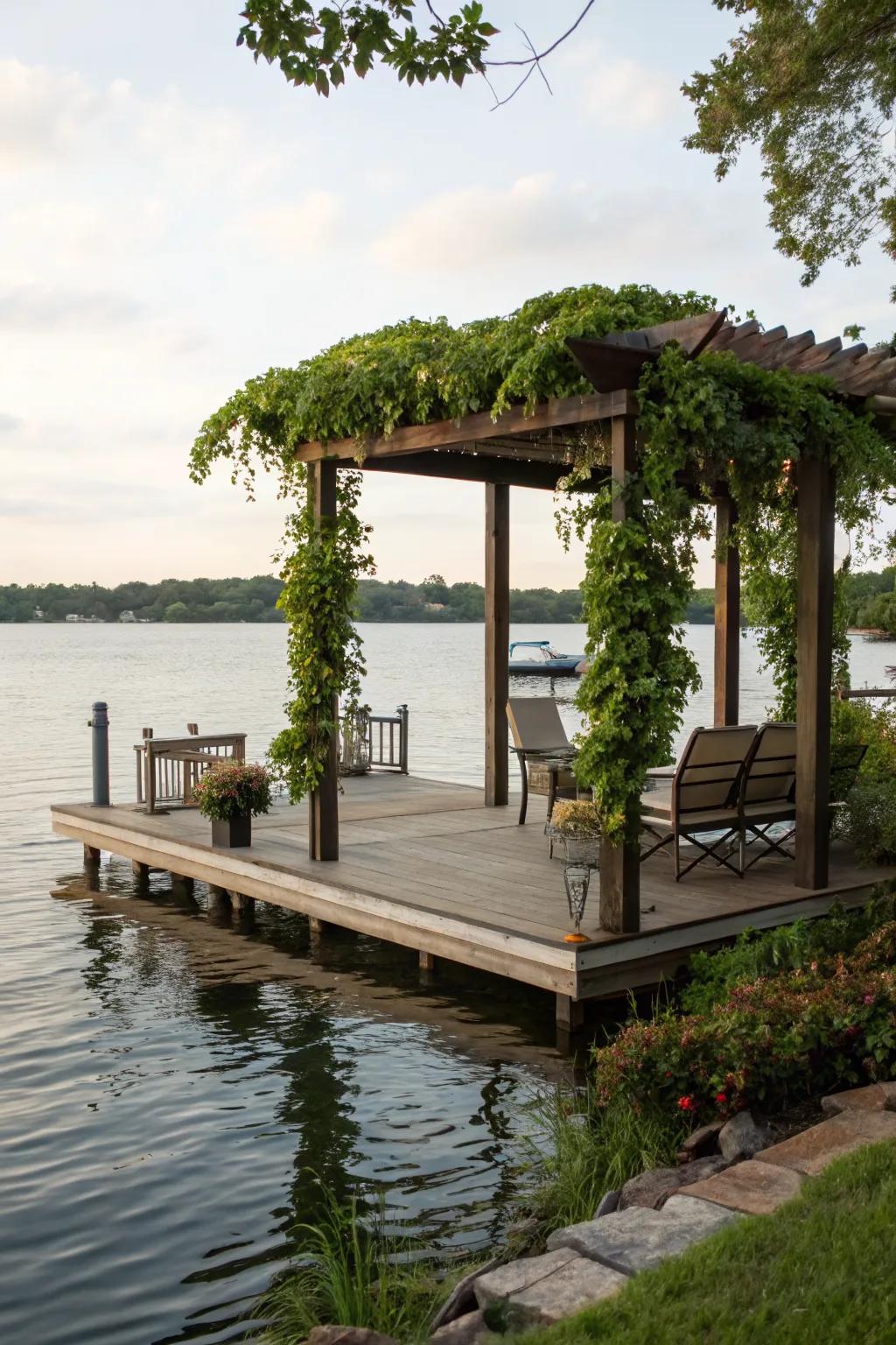 A stylish pergola on a residential lake dock, offering shade and charm.
