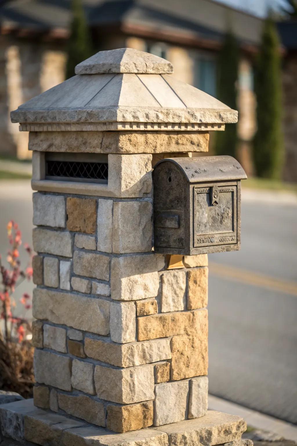 A natural stone blend mailbox complements its garden surroundings.