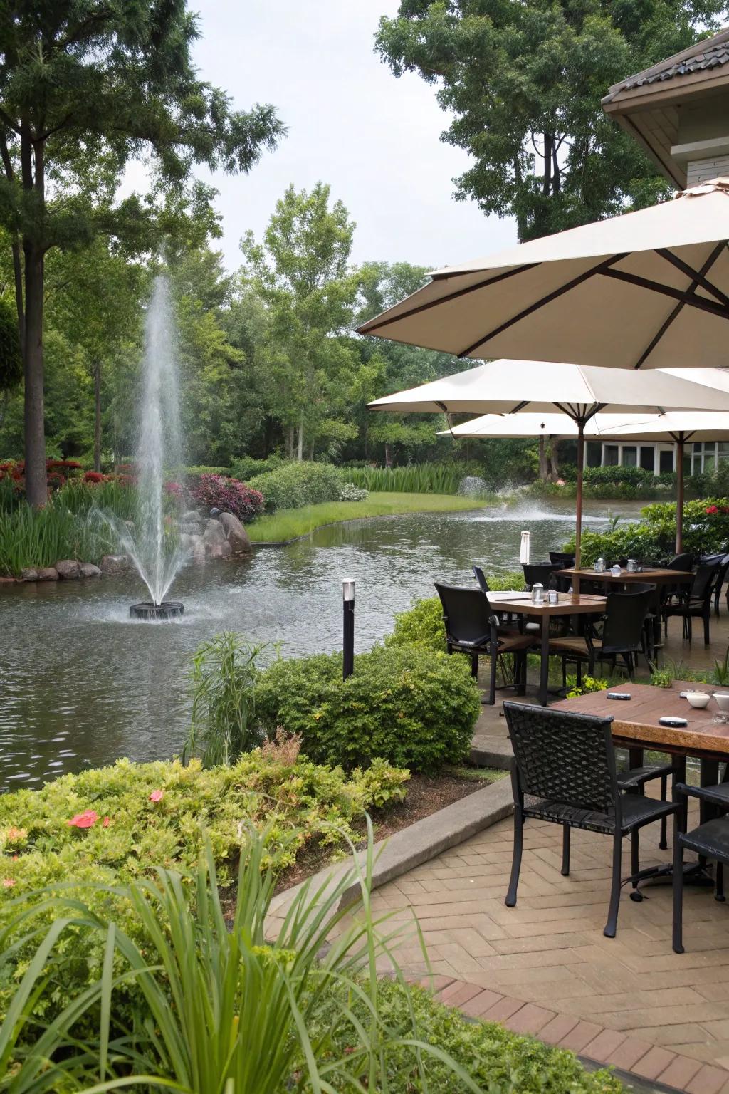 Water features add tranquility and elegance to outdoor dining spaces.