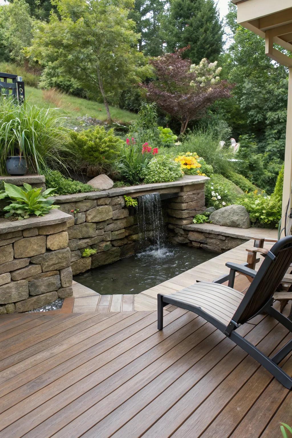 Water features add a calming element to retaining walls.
