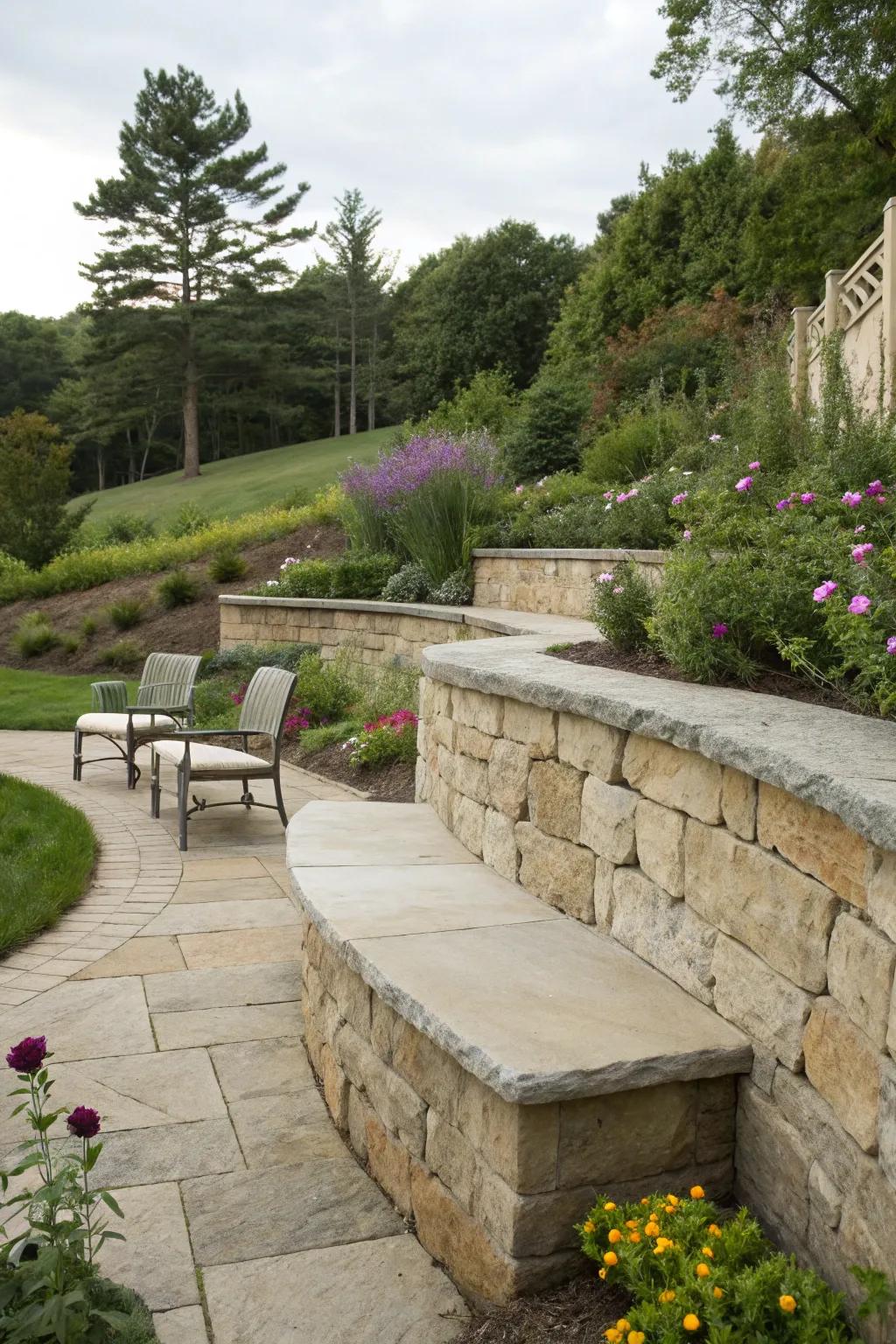 Seating integration adds usability to retaining walls.