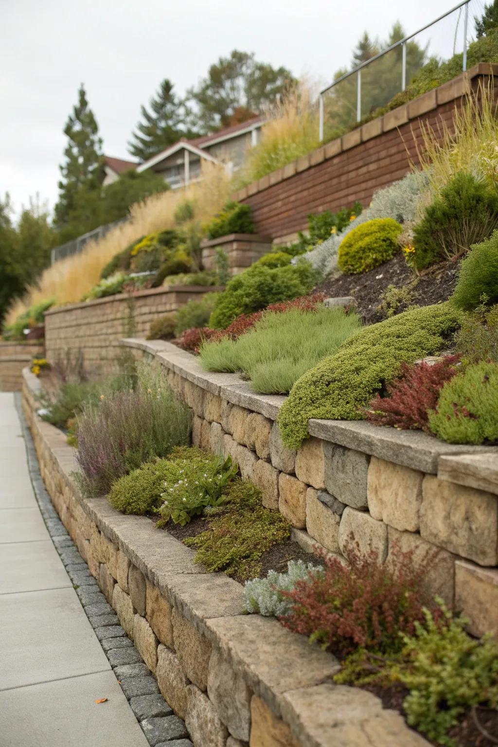 A textured retaining wall with varied plant heights, creating visual interest.