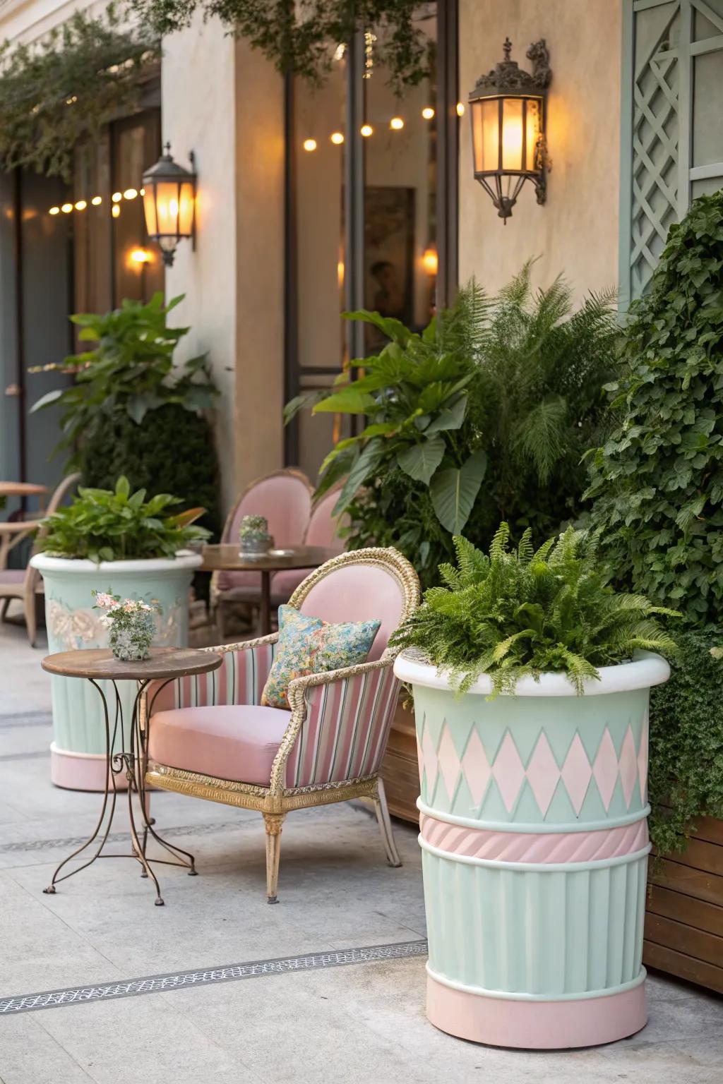 Retro planters complementing vintage outdoor furniture.