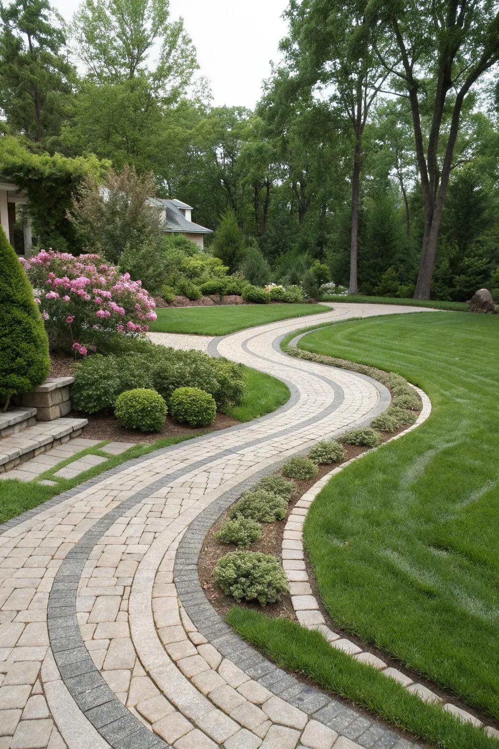 An artistic ribbon driveway with beautiful curved paths of stone and grass.