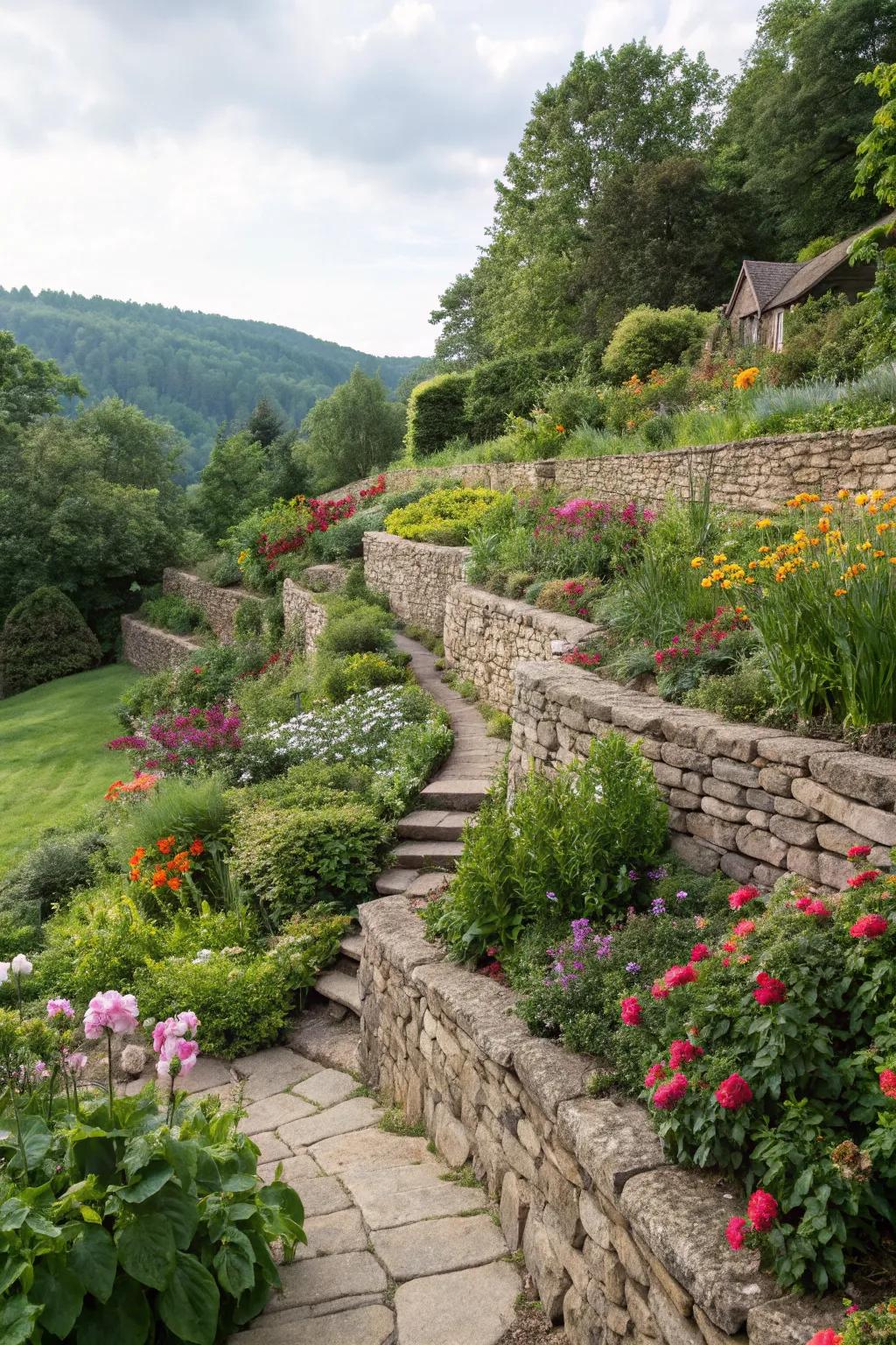 Terraced garden design using riprap stones for structure and beauty.