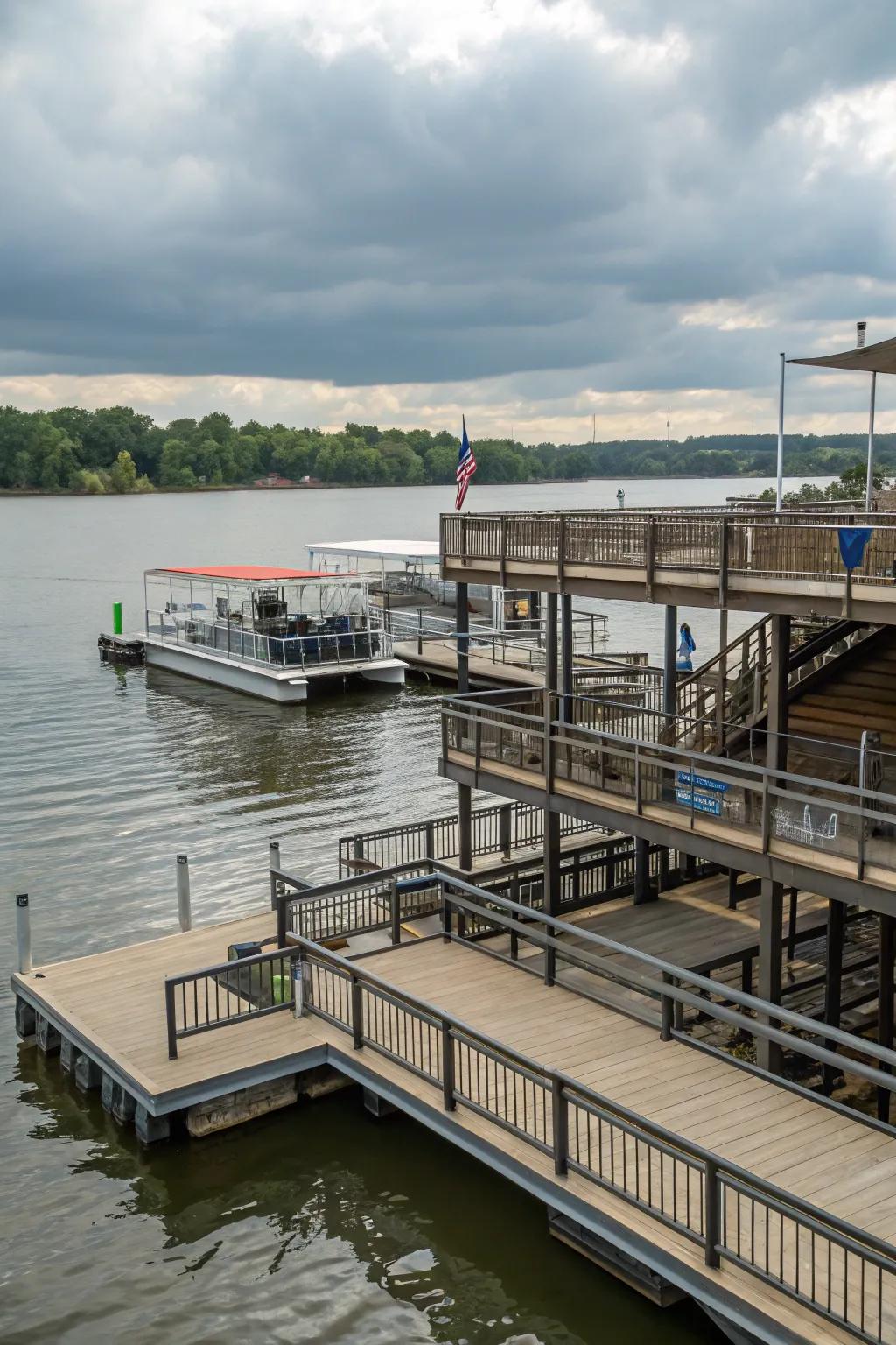 A multi-level dock providing versatile spaces for relaxation and recreation.