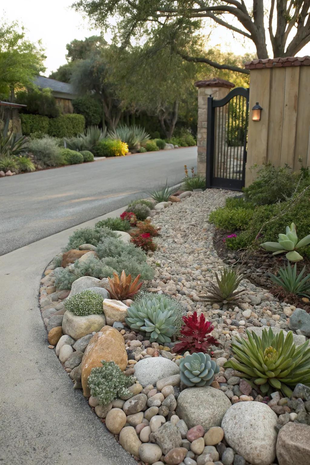 Eco-friendly driveway border featuring river rocks and succulents.