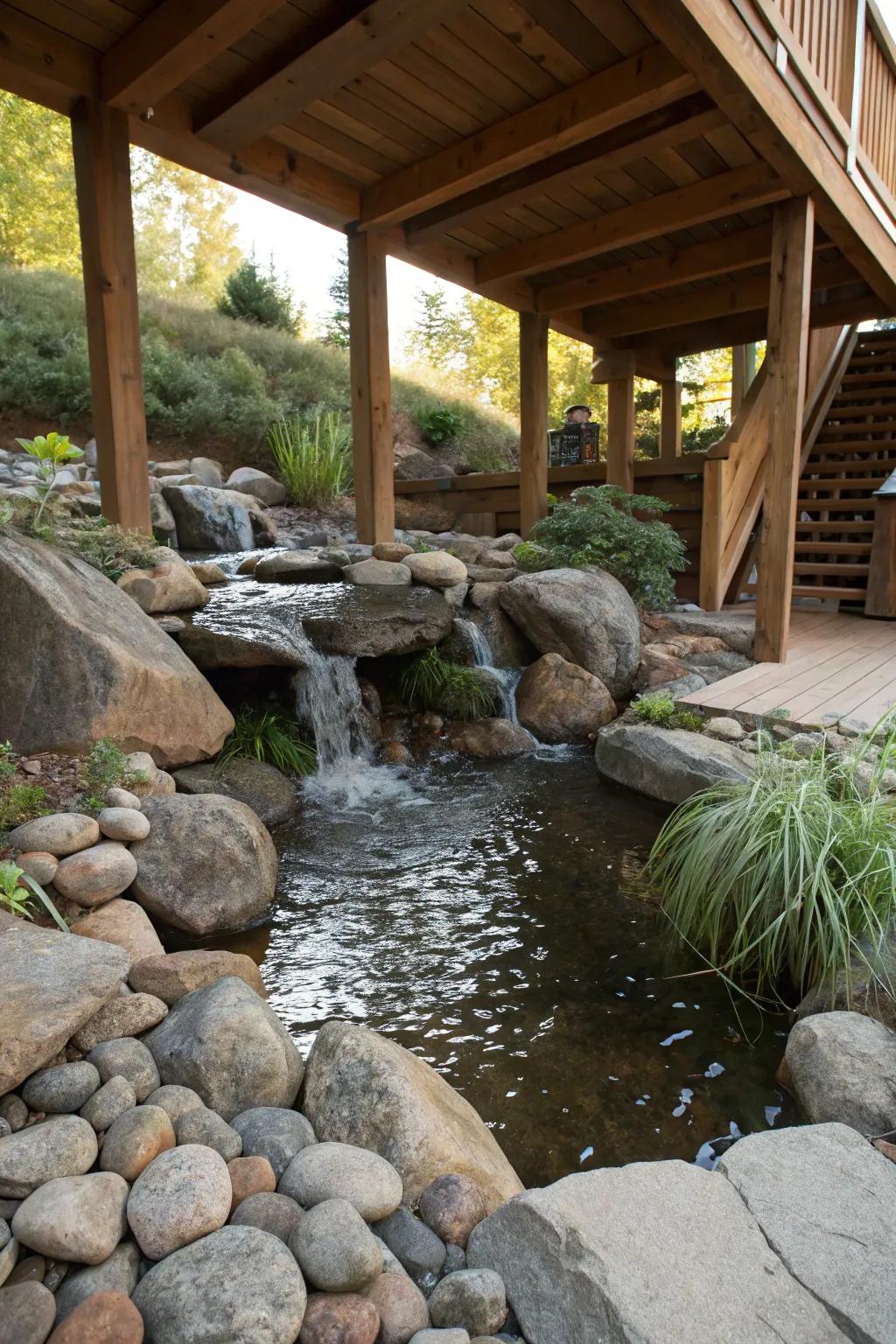 Water feature nestled among river rocks under the deck.