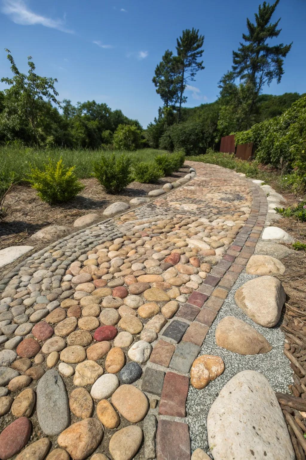 A mosaic of river rocks creates a stunning walkway.