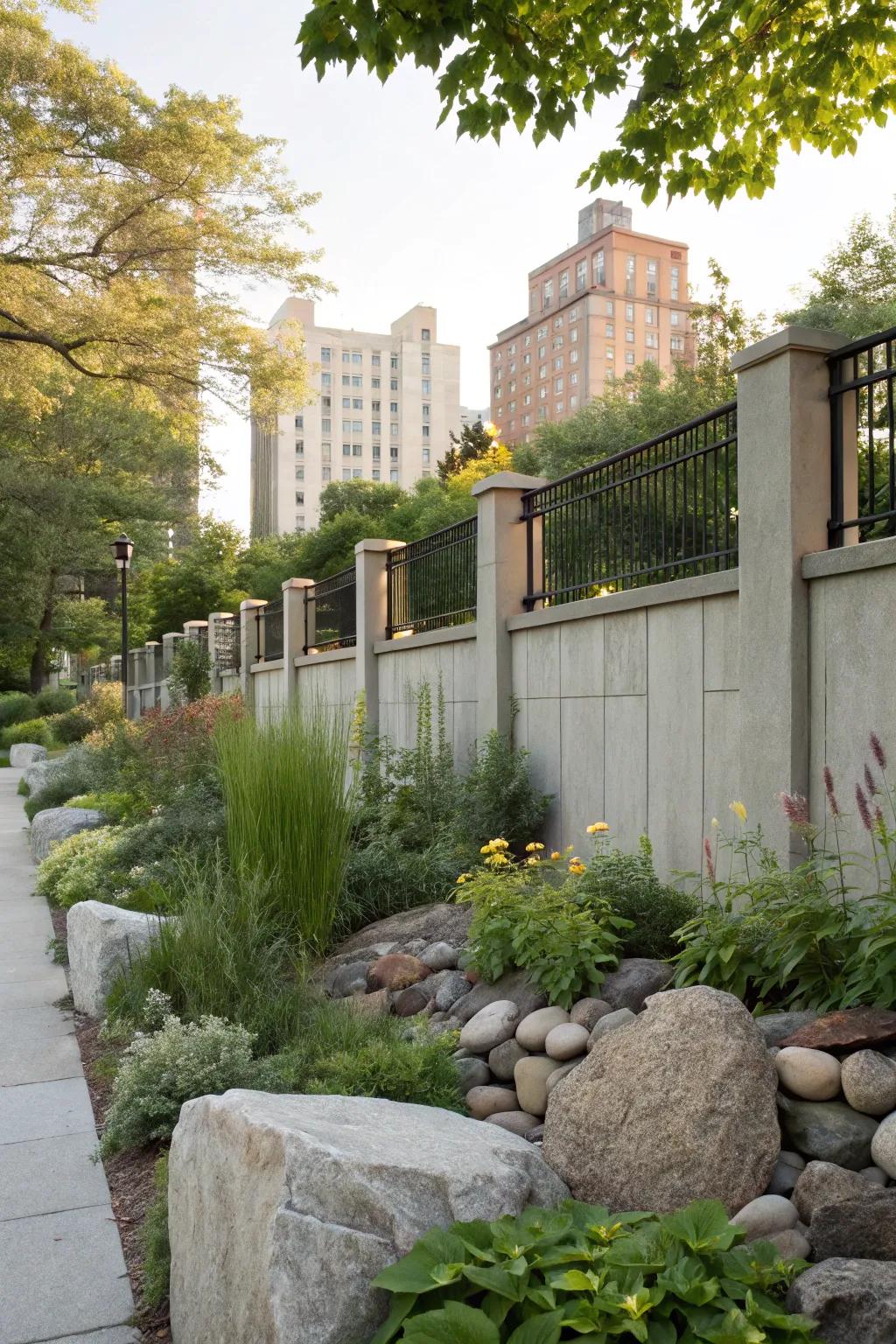 An urban chic fence combining concrete and rock elements.