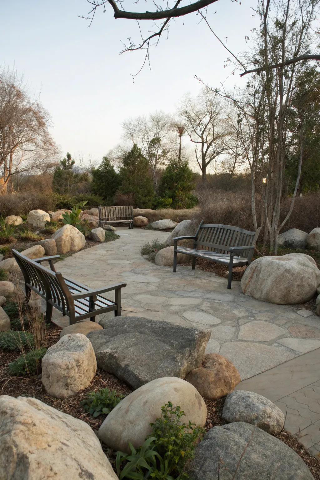 A cozy seating space blends seamlessly into the rock garden.