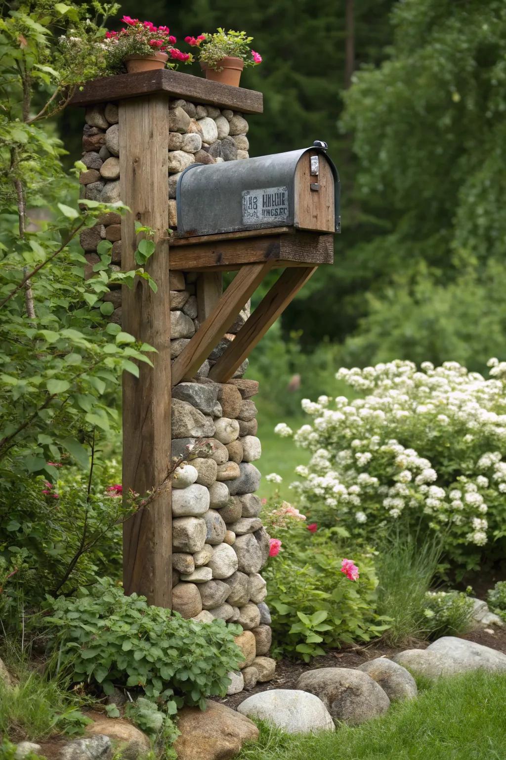 A rock and wooden beam mailbox that welcomes visitors with rustic charm.