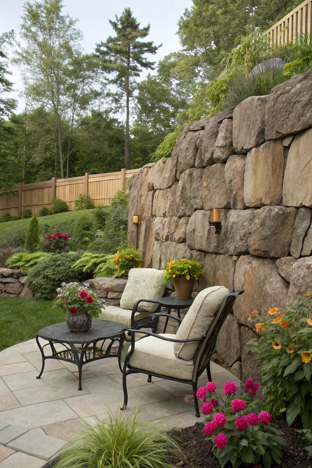 Tall rock walls offer privacy and a stunning garden backdrop.