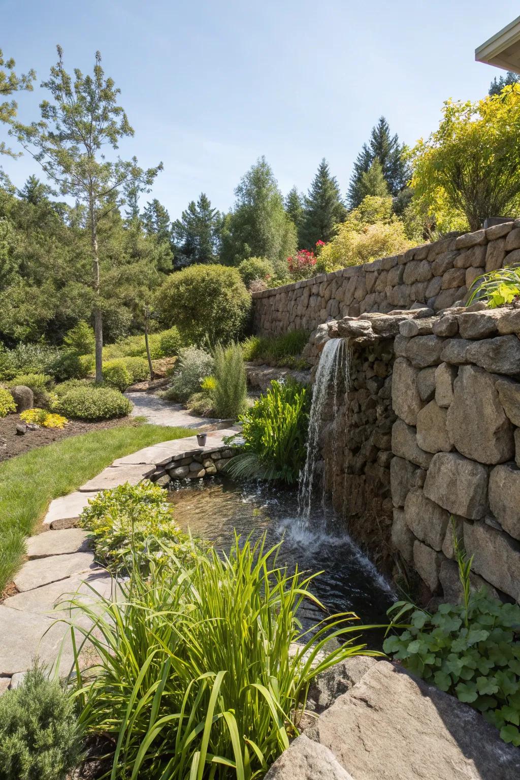 A water feature adds tranquility to a rock wall garden.