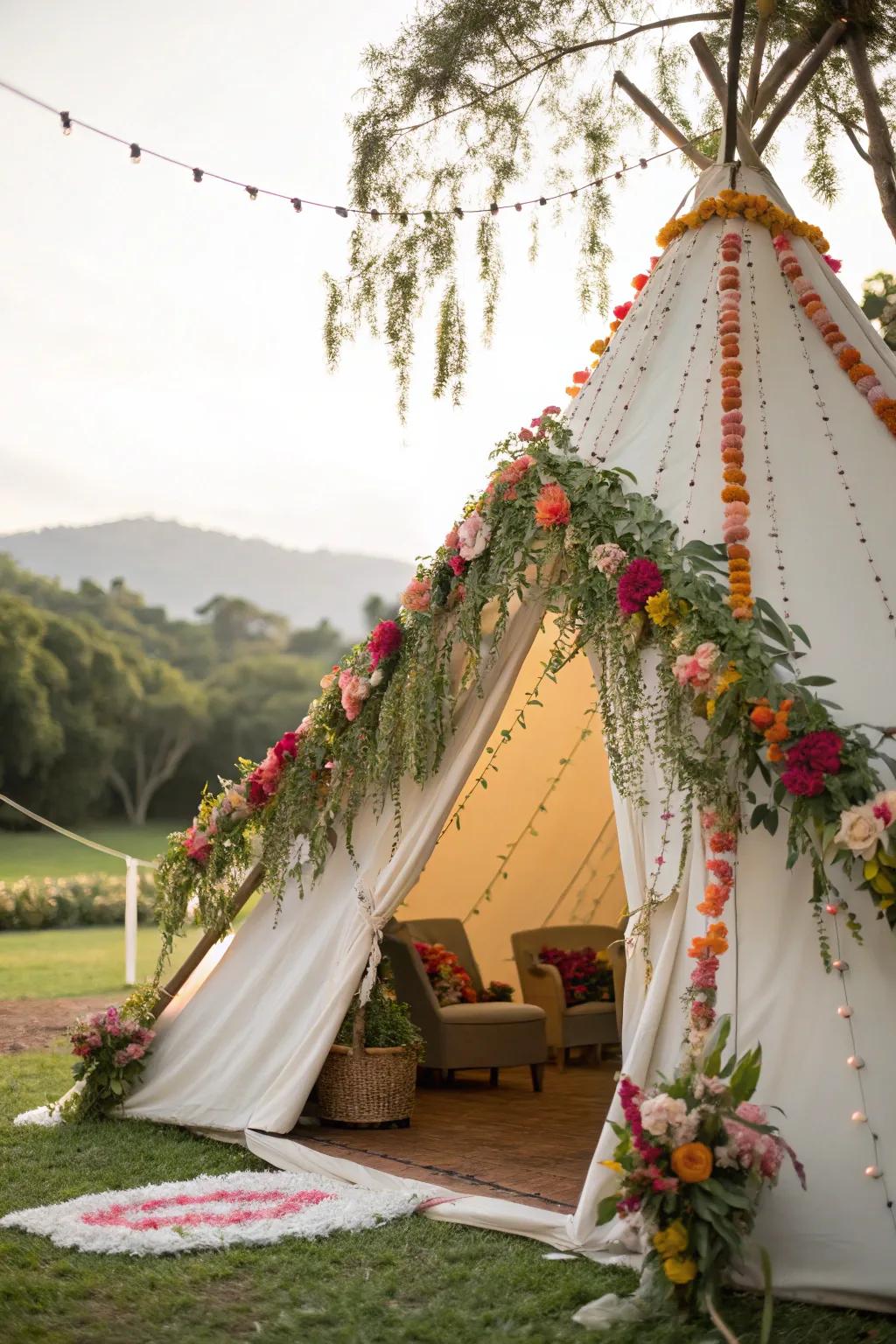 Fresh flowers bring a vibrant touch to a tent.