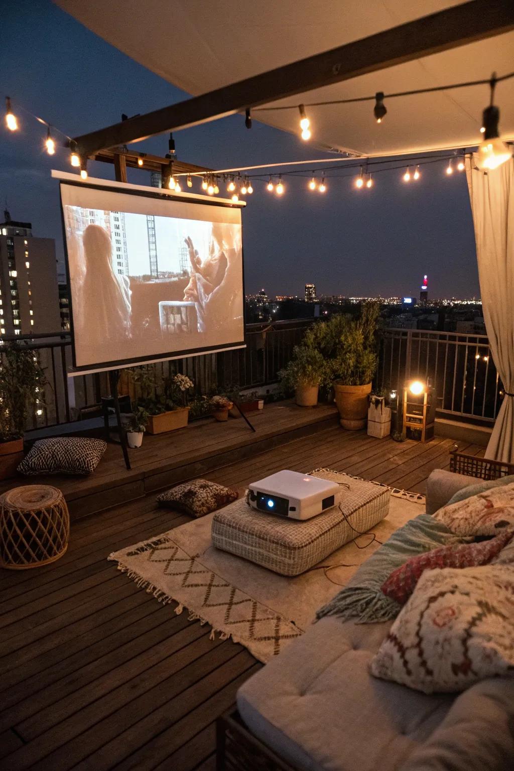 A rooftop deck transformed into an outdoor movie theater.