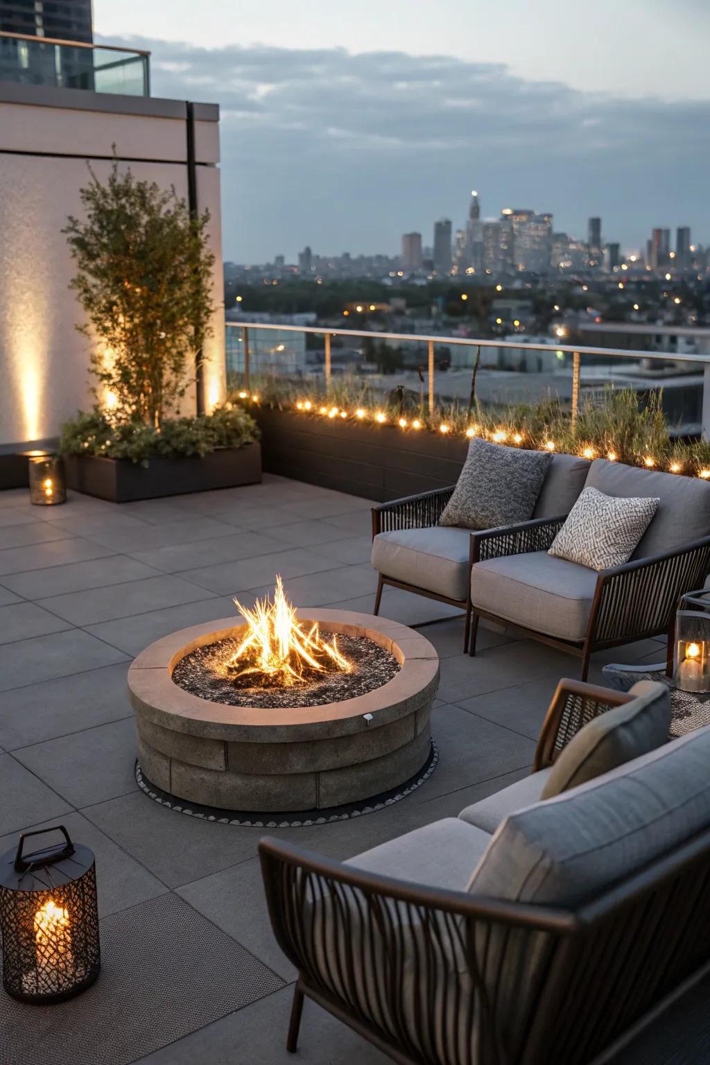 Gather around a fire pit for warm rooftop evenings.