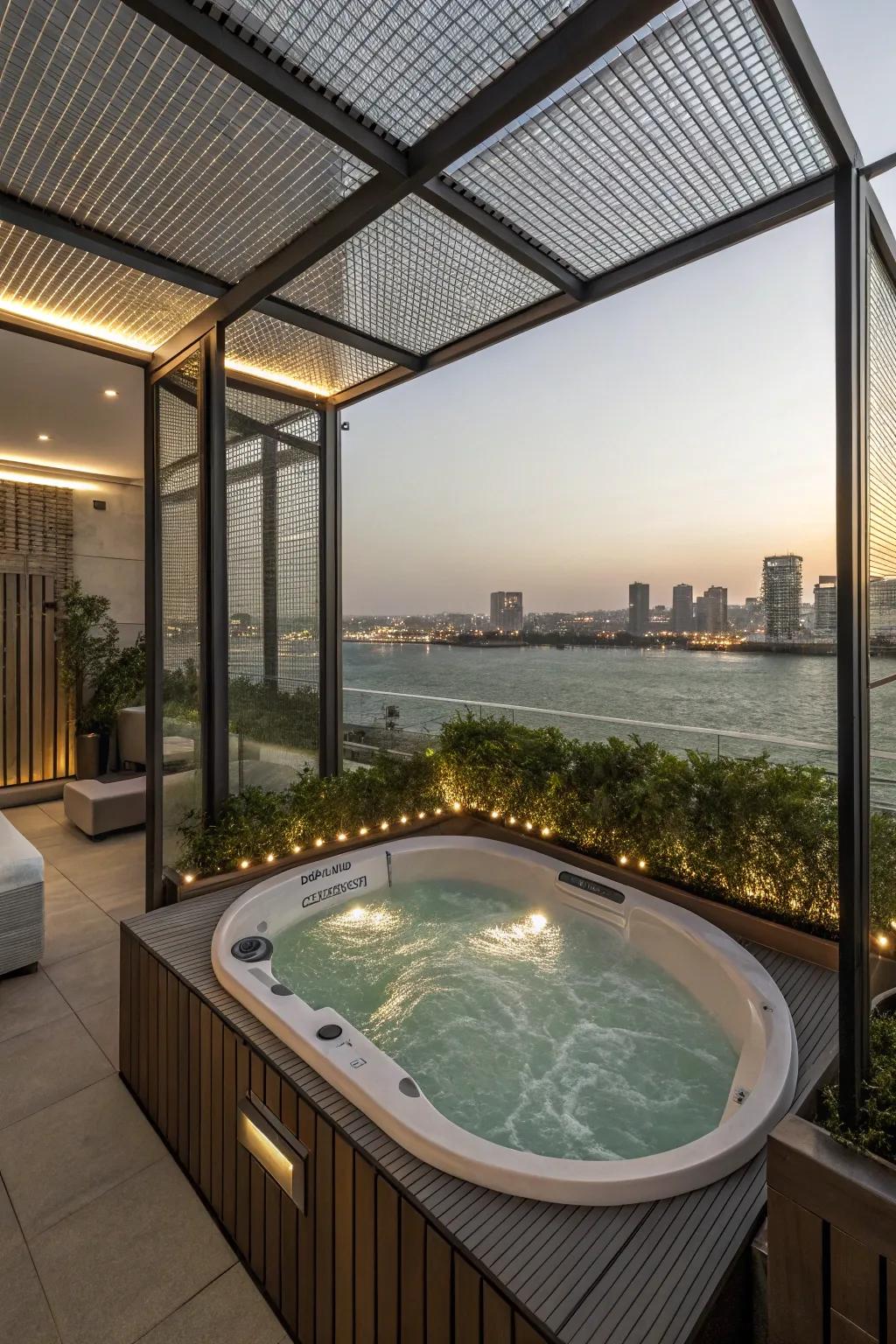Enjoy a private sanctuary with a rooftop jacuzzi enclosed by stylish partitions.
