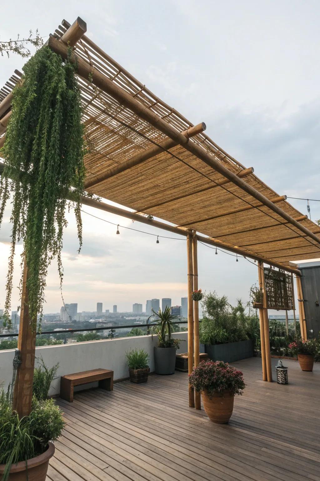 Bamboo roofing brings rustic charm to this rooftop pergola.