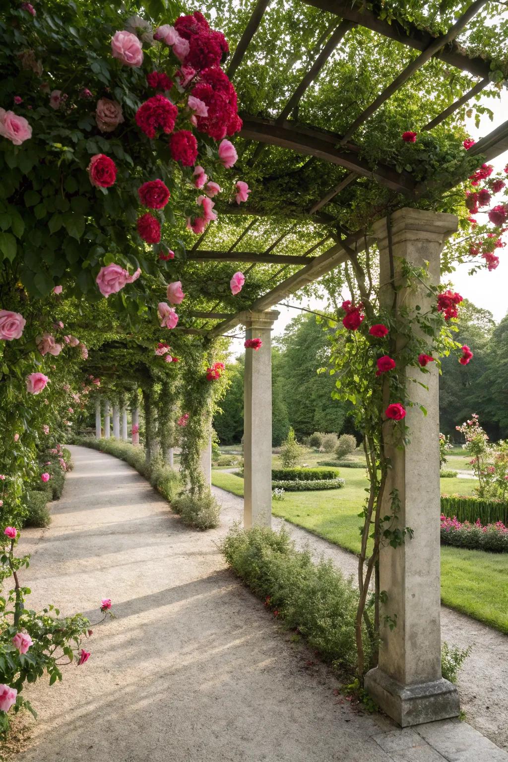 A pergola adorned with climbing roses creates a breathtaking garden centerpiece.