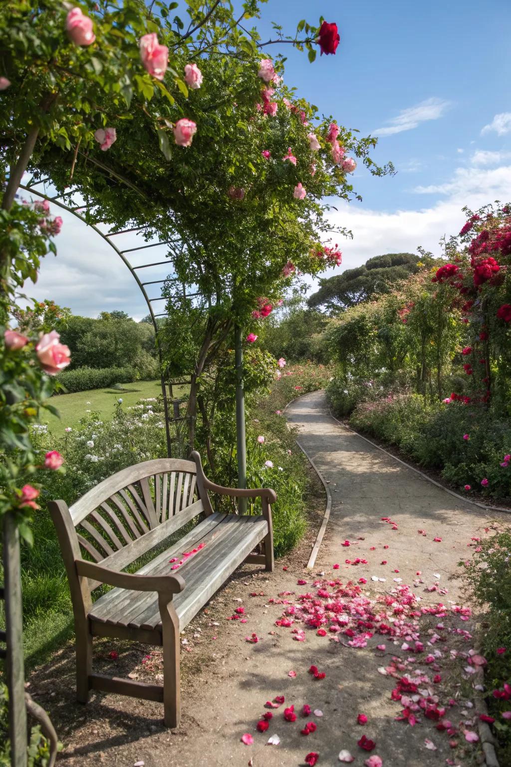 A cozy garden spot with roses offering tranquility.