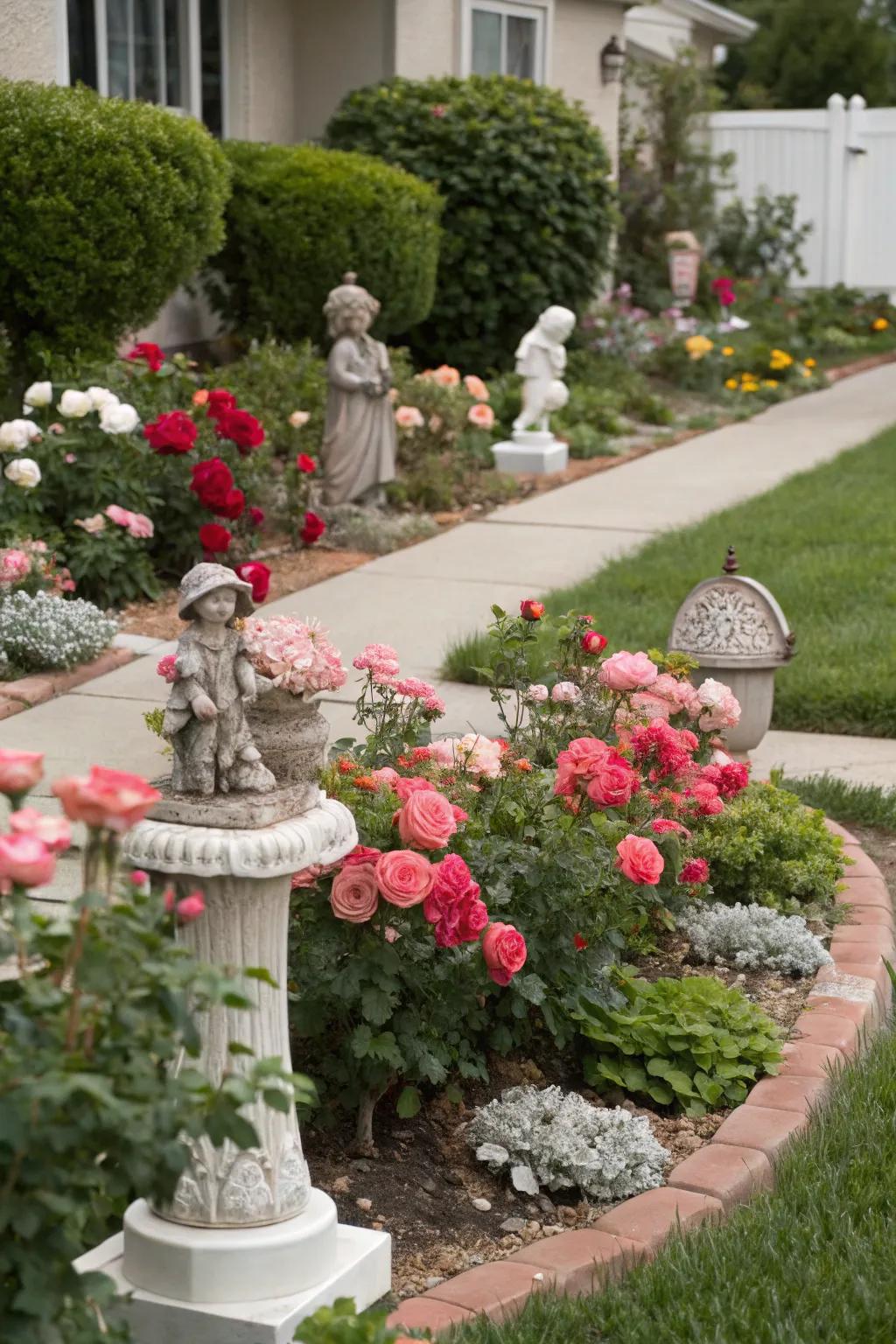 Personalized touches with decorative elements in a rose garden.